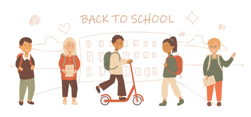Children go to school. Vector flat illustration of a school boys and girls going to school in the morning.