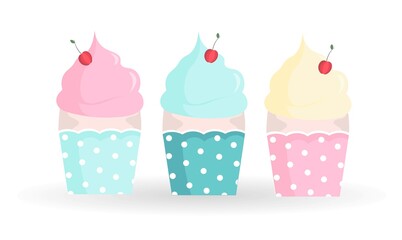 A set of delicious cupcakes decorated with cream and cherry. Sweet cakes with cream. Festive baked goods in cartoon style.
Vector illustration.