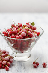Frozen red currants in a glass vase on a white wooden table. Close-up.