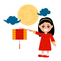 Mid-Autumn Festival in China. Chinese girl holding a flashlight against the background of the full moon.