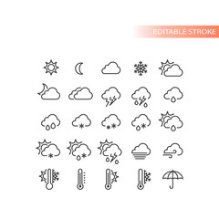 Weather forecast line vector icon set. Stormy, sunny, rain, snow icons. Sun and clouds, hot and cold symbols, editable stroke.