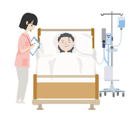 人工呼吸器をつけて安静にしているお母さんを見守る看護師