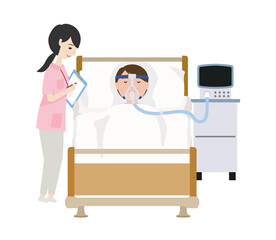 人工呼吸器をつけて安静にしているビジネスマンを見守る看護師