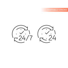 24 7 non stop arrow circle loop vector icon. Twenty four hour clock service editable stroke outline.