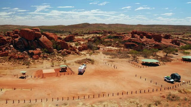 Panorama Of The Granite Rock Formation At Devils Marbles Conservation Area In Warumungu, Australia. aerial