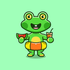 cute frog in beach hat with Swim rings carrying watermelon and drink