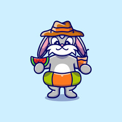 cute bunny in beach hat with Swim rings carrying watermelon and drink