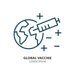 syringe and earth line icon isolated vector. Vaccination map. Editable stroke symbol. Vaccines against virus, vaccination sheldule, anti vaccine, shield virus. Flu, hepatitis, measles covid prevention
