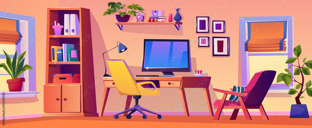 Poster workplace with convenient furniture and modern gadgets. home office with supplies and devices for co