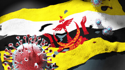 Covid in Brunei Darussalam - coronavirus attacking a national flag of Brunei Darussalam as a symbol of a fight and struggle with the virus pandemic in Brunei Darussalam, 3d illustration