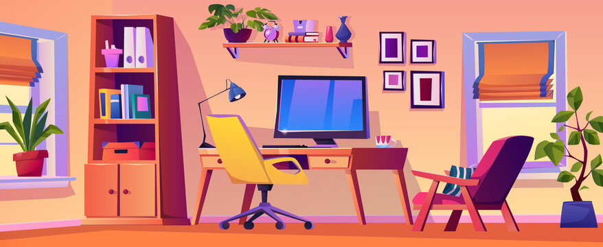 Workplace with convenient furniture and modern gadgets. Home office with supplies and devices for completing tasks and projects. Room with shelves and pictures on walls. Vector in flat style