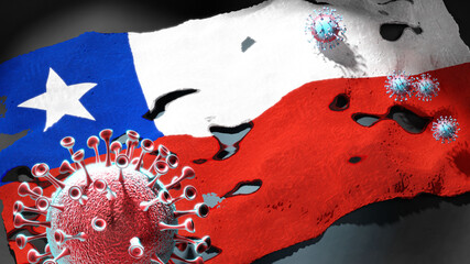 Covid in Chile - coronavirus attacking a national flag of Chile as a symbol of a fight and struggle with the virus pandemic in Chile, 3d illustration