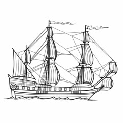 sketch, ship with sails, coloring book, isolated object on white background, vector illustration,
