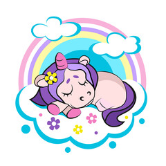 little unicorn sleeps on a cloud, baby pony rest, a cloud with a rainbow in flowers, a fabulous animal flies on a cloud, blank for the design of invitations, advertising
