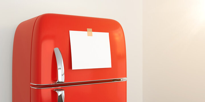 blank memo note sticker on red refrigerator close up. blank paper reminder on red retro fridge door close up mockup. 3d render