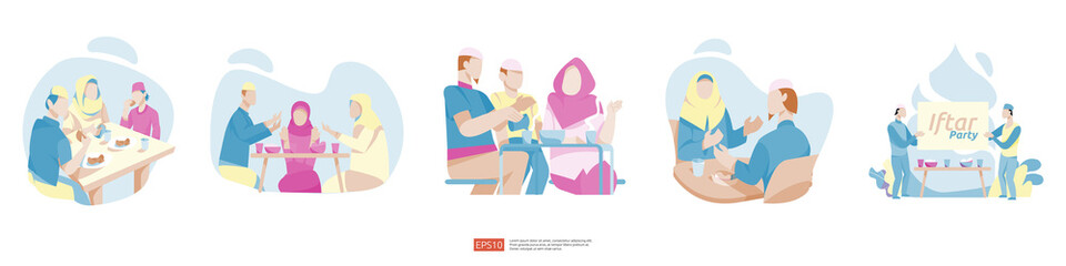 Muslim family dinner on Ramadan Kareem or celebrating Eid with people character. Iftar Eating After Fasting feast party concept. web landing page template, banner, presentation, social or print media