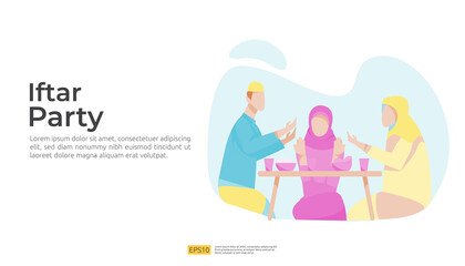 Muslim family dinner on Ramadan Kareem or celebrating Eid with people character. Iftar Eating After Fasting feast party concept. web landing page template, banner, presentation, social or print media