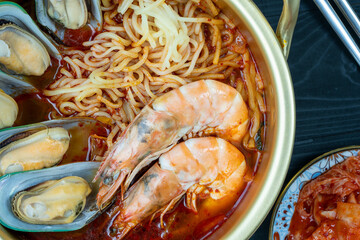Korean traditional Noodle, Jjamppong Spicy Seafood Noodle Soup, Korean Noodle in Spicy Seafood soup, 4k resolution