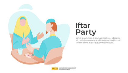 Muslim family dinner on Ramadan Kareem or celebrating Eid with people character. Iftar Eating After Fasting feast party concept. web landing page template, banner, presentation, social or print media