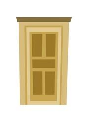 Paneled Door is closed. Doorway of house or apartment. Entrance is outside. Cheerful cartoon style. Isolated on white background. Vector