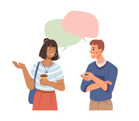 People communicating and brainstorming, chats and speech bubbles, multi ethnic characters communication. Vector business man and woman talking, cup of coffee in girls hand, collaboration, dialog boxes