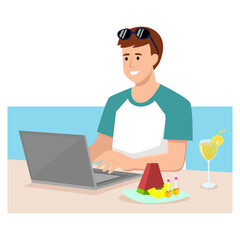 Freelance on beach. Man on chair with laptop and summer food near sea.