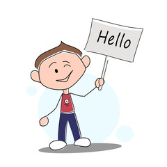 character with a sign, a guy greets, a man shows a sign with the word hello, greeting, acquaintance, joy of meeting, blank for web