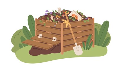 Compost box full of organic bio waste. Pile of natural fertilizer for agriculture. Decomposition and composting of biodegradable garbage. Flat vector illustration of humus isolated on white background - obrazy, fototapety, plakaty