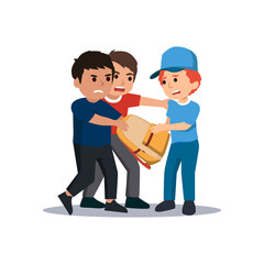 Sad boy going through school. School boys laughing and pointing at boy. Taking his bag. Bulling at school. Vector illustration. Isolated