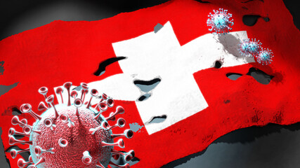 Covid in Switzerland - coronavirus attacking a national flag of Switzerland as a symbol of a fight and struggle with the virus pandemic in Switzerland, 3d illustration