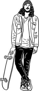 Man holding skateboard Hipster streetwear outdoor sports lifestyle Hand drawn line art illustration