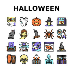 Halloween Autumn Season Holiday Icons Set Vector. Halloween Pumpkin And Scary Skull Decoration, Witch And Vampire, Coffin And Grave, Bat And Spider Decorative Ornament Line. Color Illustrations
