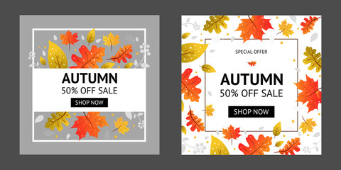 Set of autumn Sale Design with Falling Leaves  on Light and dark Background. Autumnal Vector Illustration with Special Offer Typography Elements for Coupon, Voucher, Banner, Flyer