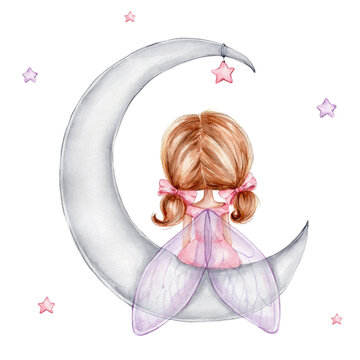 Little fairy girl sitting on grey moon; watercolor hand drawn illustration; with white isolated