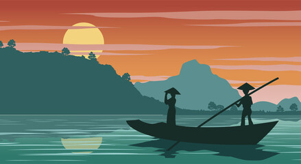 Vietnamese woman on the boat to  come back home on sunset time - obrazy, fototapety, plakaty