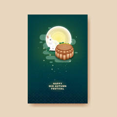 Mid Autumn festival with rabbit and moon, mooncake on color pattern Background.