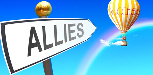 Allies leads to success - shown as a sign with a phrase Allies pointing at balloon in the sky with clouds to symbolize the meaning of Allies, 3d illustration