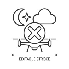 Dont fly drone at night linear manual label icon. Nighttime hazard. Thin line customizable illustration. Contour symbol. Vector isolated outline drawing for product use instructions. Editable stroke