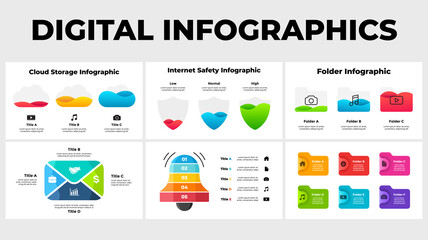 Digital infographics collection. Slide templates presentation. Internet technologies illustration. Cloud service illustration. Creative web concept. 