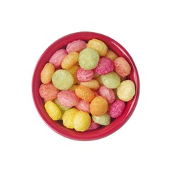 Puffed rice in a red bowl Isolated on white background.