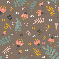 Vector seamless pattern with summer floral elements. Hand-drawn flowers, herbs, and leaves. Vector wallpaper.