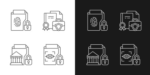Personal sensitive data linear icons set for dark and light mode. Business information. Government material. Customizable thin line symbols. Isolated vector outline illustrations. Editable stroke
