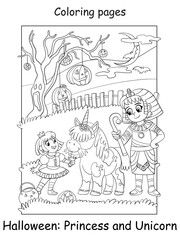 Coloring Halloween princess with a unicorn and an Egyptian