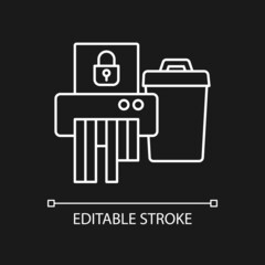 Sensitive information disposal white linear icon for dark theme. Accidental disclosure prevention. Thin line customizable illustration. Isolated vector contour symbol for night mode. Editable stroke