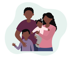 Portrait of an African American family. Parents and children. Father, mother, daughter, son. Vector illustration in a flat style.