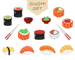 Vector sushi icons set. Japanese food illustration for seafood sushi rolls shop design. 