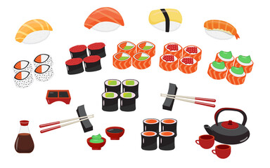 Sushi pieces collection. Fresh maki rolls pieces with rice and nori. Realistic sushi set. © Anna