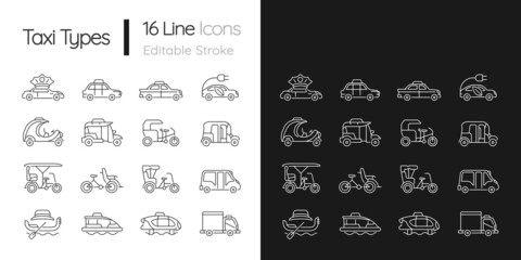 Taxi types linear icons set for dark and light mode. Transporting clients. Taxicab vehicle. Cycle rickshaw. Customizable thin line symbols. Isolated vector outline illustrations. Editable stroke