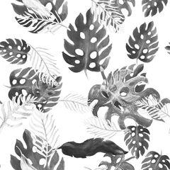 Tafelkleed Grijze naadloze decor. Zwart aquarel gebladerte. Witte Patroonbladeren. Tropisch Jungle bloemenblad. Zomer Palm Natuur Palm. Vintage blad. © Nima