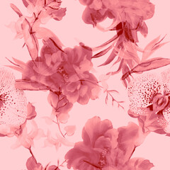 Blur Flower Illustration. Pastel Summer Texture. Pink Seamless Print. Watercolor Jungle. Pattern Wallpaper. Floral Leaf. Exotic Leaves. Botanical Backdrop.
